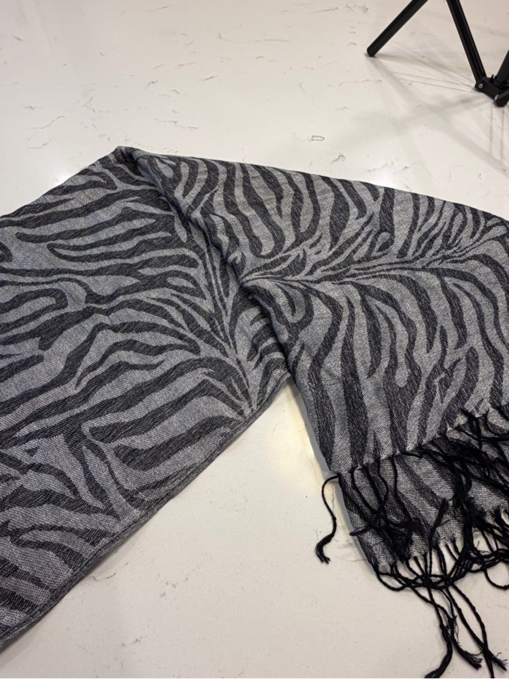 Zebra Print Fringe Scarf - Gray and Black